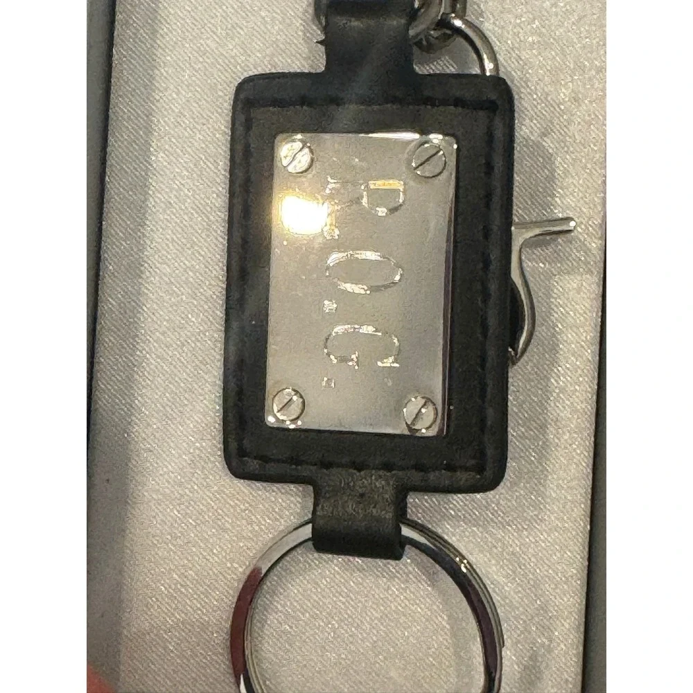 ROG Black Leather Silver Metal Plaque Keychain Keyring R.O.G. Swivel Clasp Clip